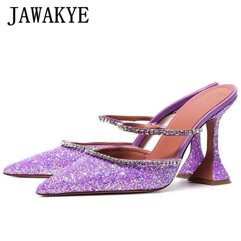 

Violet Glittery Crystal Runway Slippers Woman Cup Heels Mules Beading Strap Pointed Toe High Heels Party Wedding Shoes Women