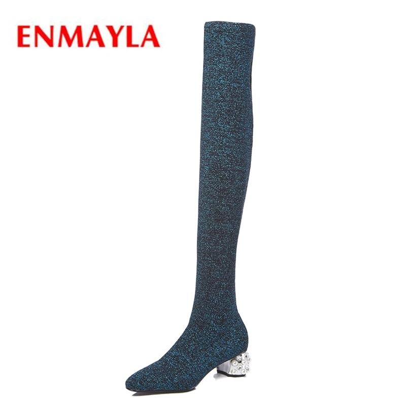

ENMAYLA Women round toe square heel over the knee slip-on boots lady knitting fashion botas mujer Big size 34-40 ZYL1202