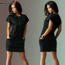 Novas mulheres bolso solto casual vestido feminino vestido de verão para as mulheres manga curta o pescoço mini vestido de escritório senhora trabalho vestidos