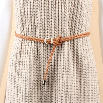 

Belts For Women Braided PU Leather Female Belt Narrow Thin Buckle Strap Waist Solid Color Belt All-Match Waistband