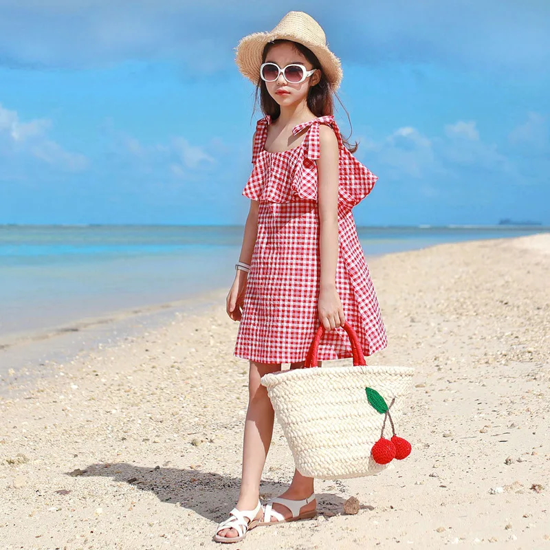 

2019 Summer New Girl Dress Cotton Red Plaid Ruffle Shoulderless Sleeveless Princess Dress Cute Fashion Teenager Party Dresses