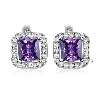 

QCOOLJLY Silver Color Cubic Shape pendientes brincos Striking Purple Party Jewelry Hoop Earrings For Women CZ Nice Zircon CA051