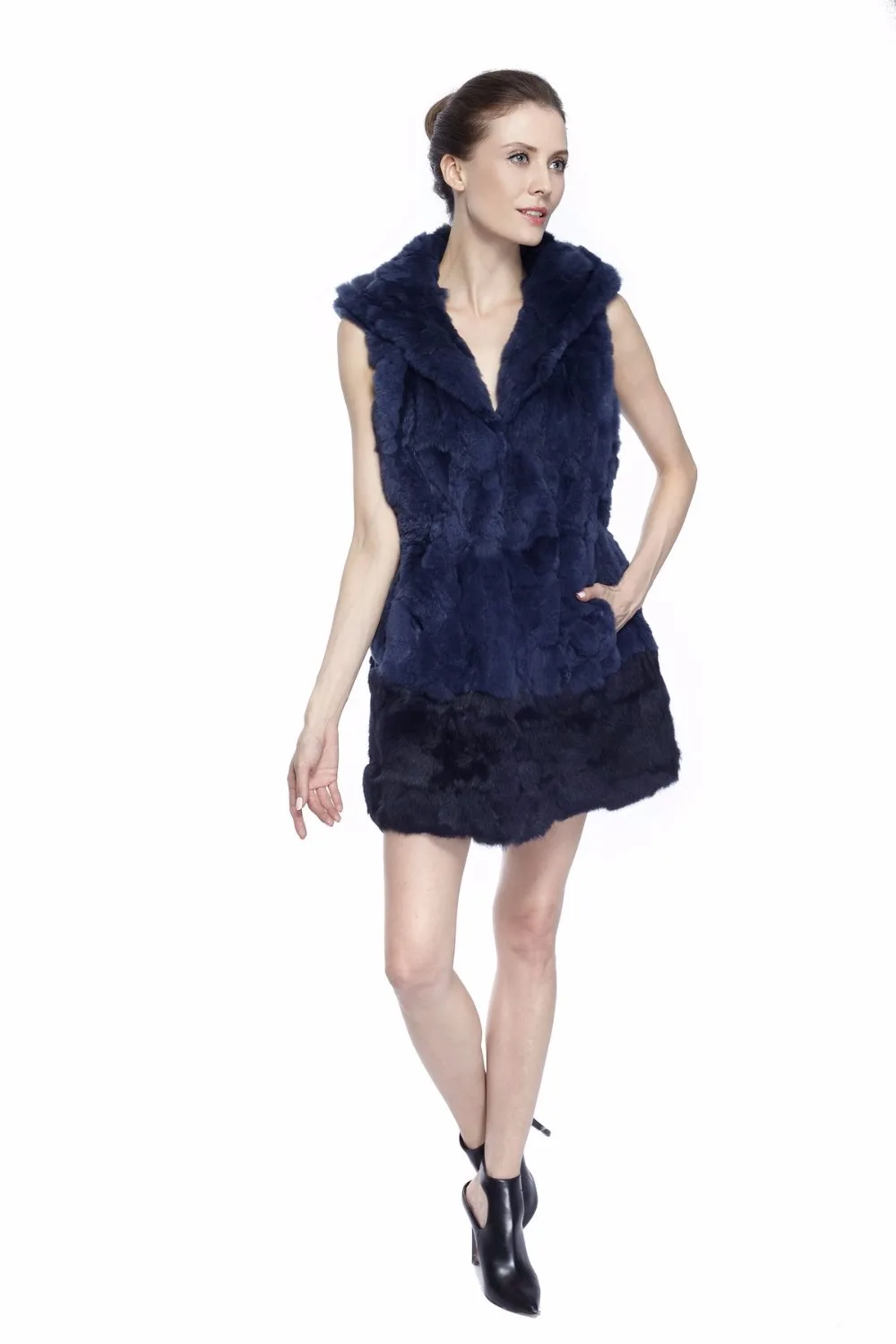 black puffer ZY88012 Women Elegant Real Winter Rex Rabbit Fur With Hooded Long Fur Vest Waistcoat Gilet Slim Fur Vest petite long puffer coat