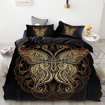 

3D HD Digital Printing Custom Bedding Set,Black Duvet Cover Set Queen Cal King,Bedclothes Golden butterfly Drop Shipping