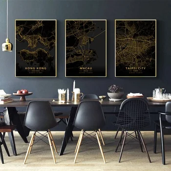 

Hong Kong Macau Taiwan City Map Gold Map Canvas Art Print Wall Pictures for Living Room No Frame