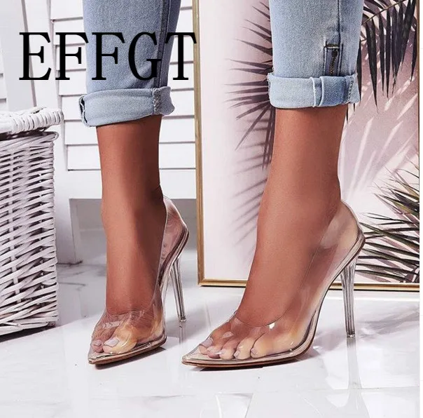 

2019 Concise Fashion PVC Woman Transparent Shoes High Heel single Shoes Pointed Toe Pumps Slip On Solid Apricot size 35-42 A122