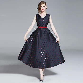 

Female Slim Long Party Club Dress with Belt Summer Dresses Women Elegant Sexy V-neck Clothes Sleeveless Dot Ball Gown Dress