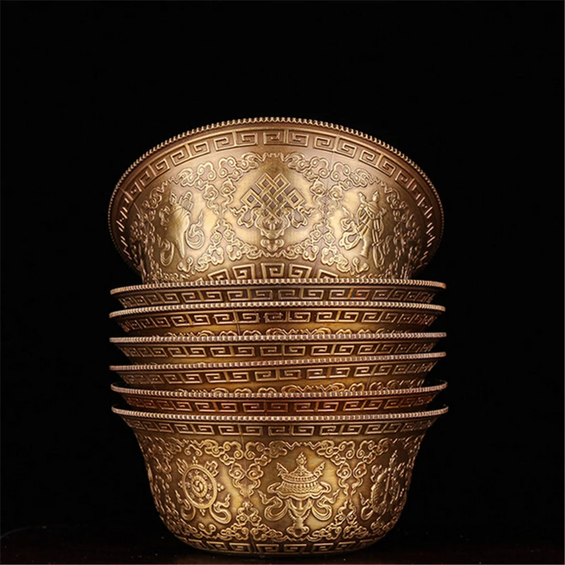 Buddhist supplies exquisite carved copper patina beautifully carved eight auspicious water holy cups Buddha 7pcs/set free ship