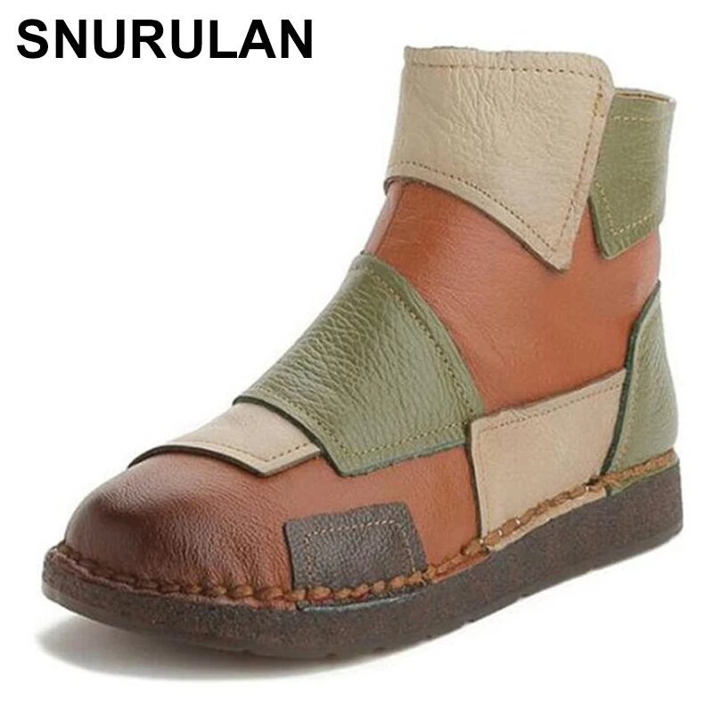 

SNURULAN Hot 2018 New Spring Autumn Spell Color Retro Soft Real Leather Boots Martin Boots Flat Handmade Comfort Casual Shoes