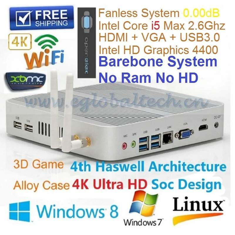 Barebone PC Industrial PC Mini Nettop Intel Core i5 4200U i3 5005U Broadwell Haswell Fanless System HTPC 4K HD VGA+HDMI Display