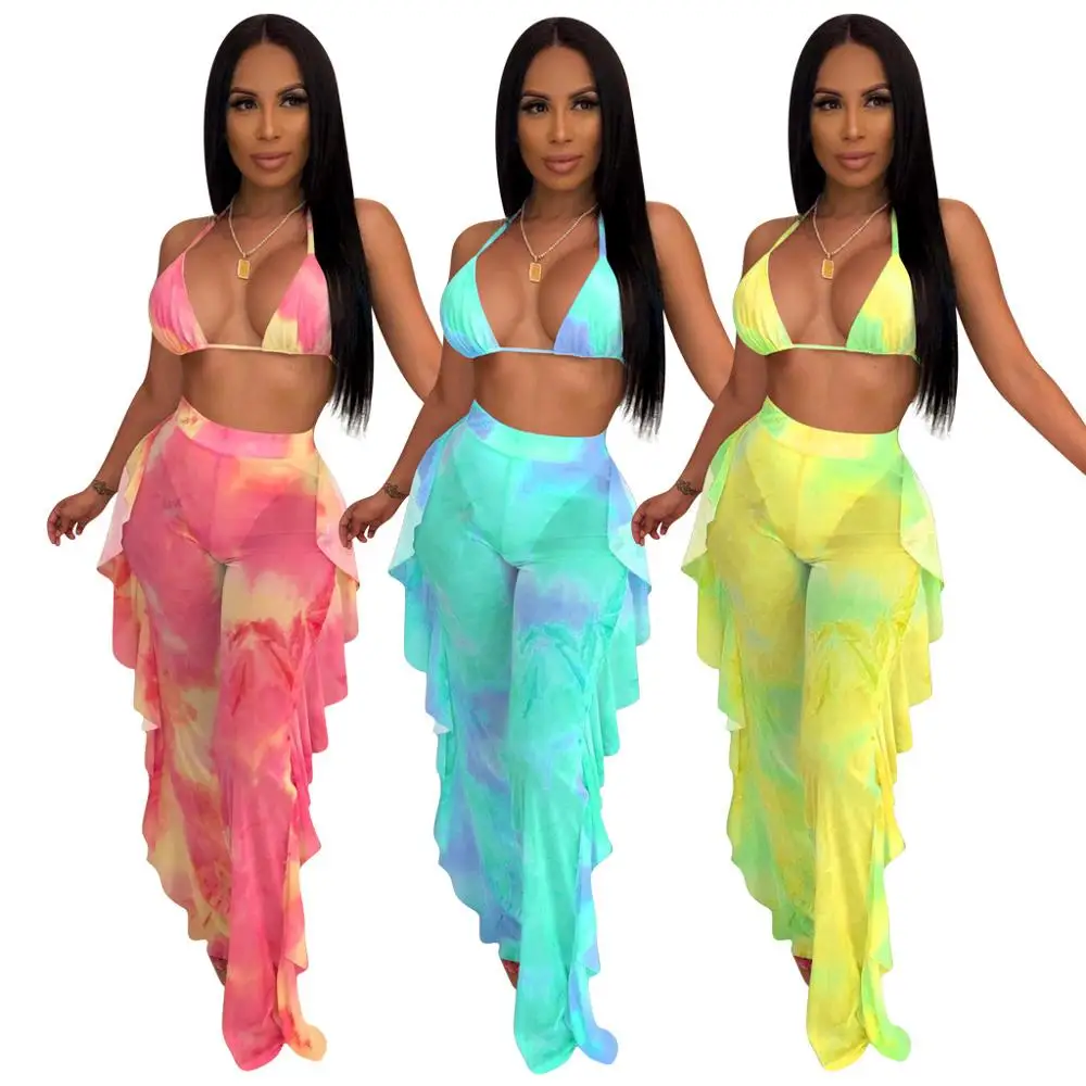 

BKLD Sexy See Through Mesh 2 Two Piece Set 2019 Women Fashion Party Ruffles Pants+Sleeveless Crop Tops Sets Summer Beach Outfits