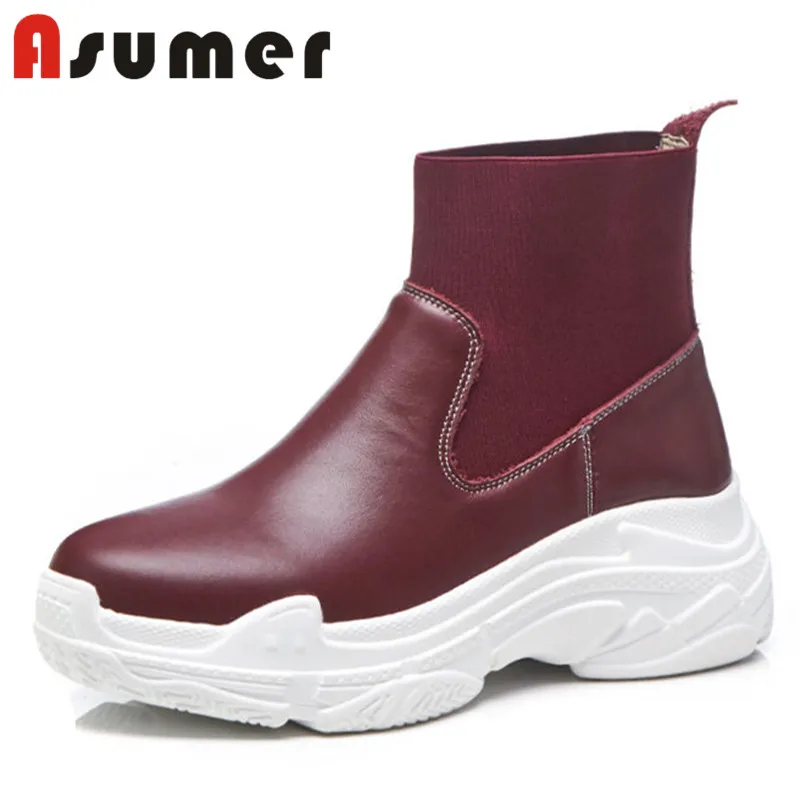 

ASUMER NEW 2020 elastic band ankle boots for women fashion commuting winter boots round toe wedges solid genuine leather boots