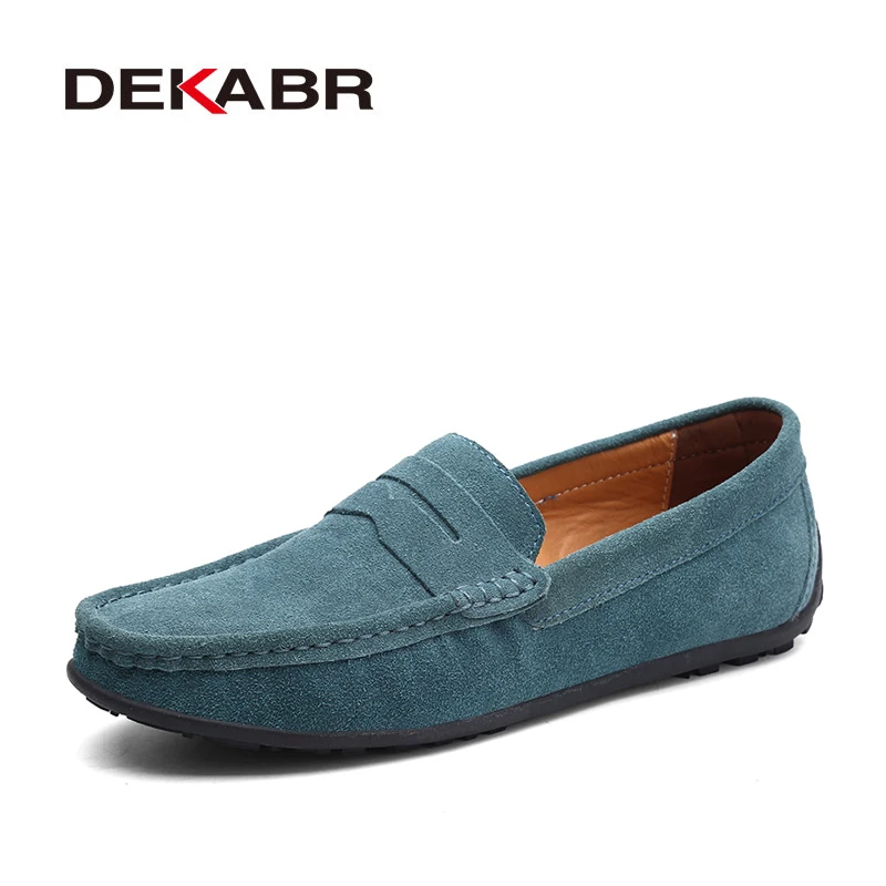 Мужские серые стильные мягкие мокасины DEKABR, модные туфли из натуральной кожи, брендовая обувь на плоской подошве, лето-осень - Цвет: 03 Blue Green