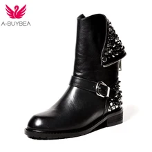 Women's Shoes High quality PU + genuine leather boots fashion rivets square heels autumn winter ankle boots sexy fur snow boots Women's Shoes High quality PU + genuine leather boots fashion rivets square heels autumn winter ankle boots sexy fur snow boots