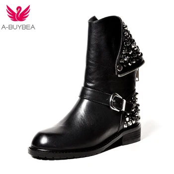 

Women's Shoes High quality PU + genuine leather boots fashion rivets square heels autumn winter ankle boots sexy fur snow boots