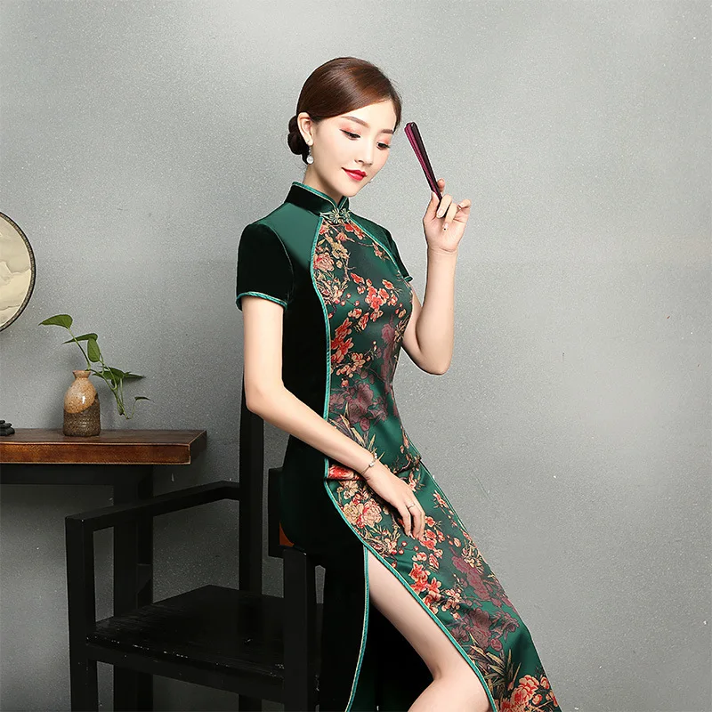 Китайский традиционный стрейч велюр Cheongsam короткий рукав Qipao длинные для женщин зеленый соединяя вместе платье Восточный стиль платья для