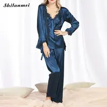 Элегантные кружевные Для женщин пижамные комплекты на осень пижама с длинными рукавами для девочек, комплект из 3 вещей, женские сексуальные кофта с v-вырезом пальто длинные брюки "дышащая" Пижама