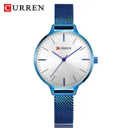 CURREN НОВЫЙ Для женщин часы Мода синий Нержавеющая сталь сетки аналоговые кварцевые часы женщина 2018 дамы Повседневное часы наручные часы
