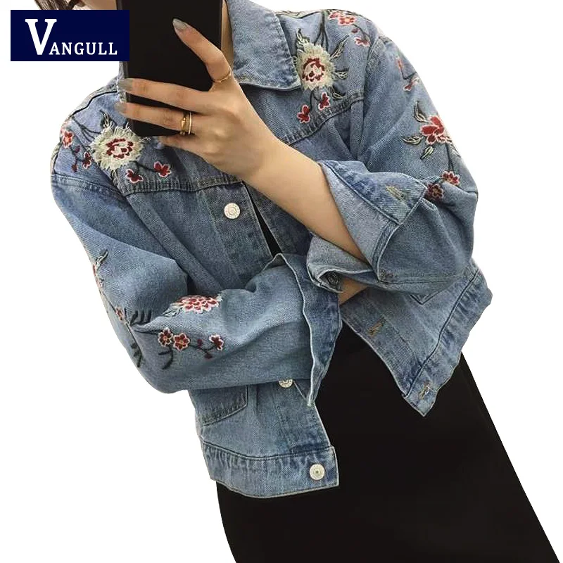 

Embroidered short denim jacket women 2019 Spring Autumn Winter ladies long sleeve jacket coat Fashion female jean jacket outwear