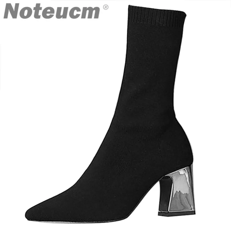 

Femme Fashion Female woolen High Ankle Sock Boot Chunky Medium Heel Stretch Knit Bootie Elastic Pointed Toe Sexy Lady Shoe Women