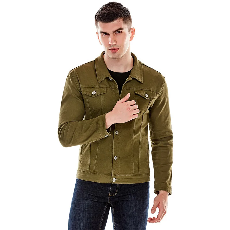 

MORUANCLE Fashion Men Slim Fit Denim Jacket Stretch Jean Trucker Jackets And Coats Outerwear Turn Down Collar Red Yellow Green