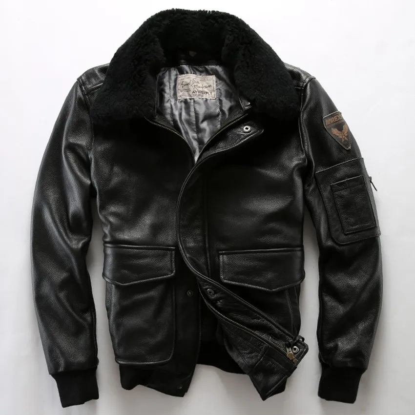 Avirex fly jacke männer echte lederjacke mit pelzkragen echtem rindsleder bomberjacke männer winter ledermantel