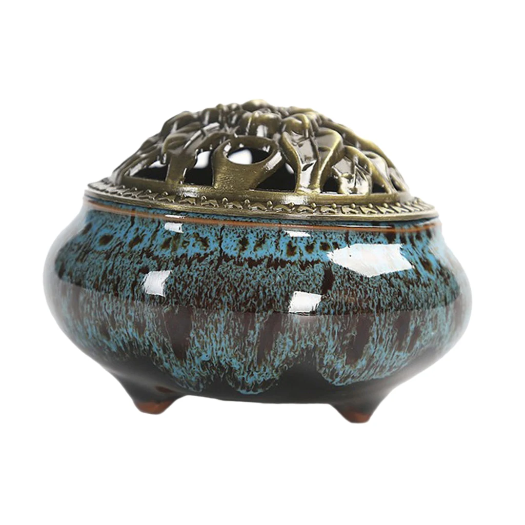 2x Vintage Chinese Ceramic Incense Burner Holder Buddhist Cones Coil Spiral Censer Ash Catcher Bowl with Alloy Cover