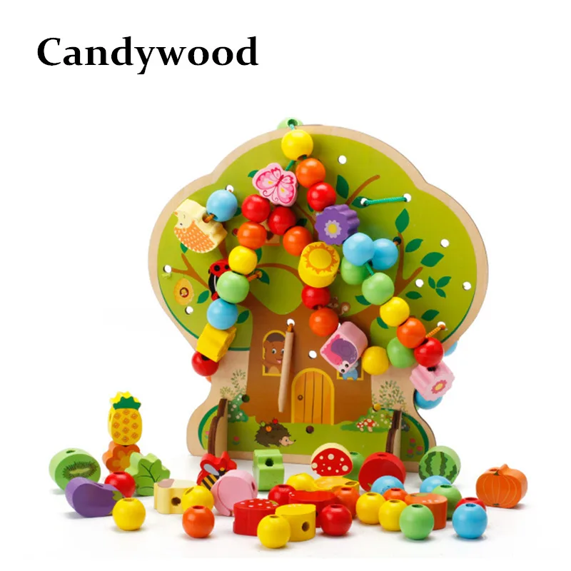 Деревянные игрушки Candywood, Мультяшные струнные бусины, дерево, деревянные животные, фрукты, бусины, Обучающие Развивающие игрушки для детей - Цвет: Белый