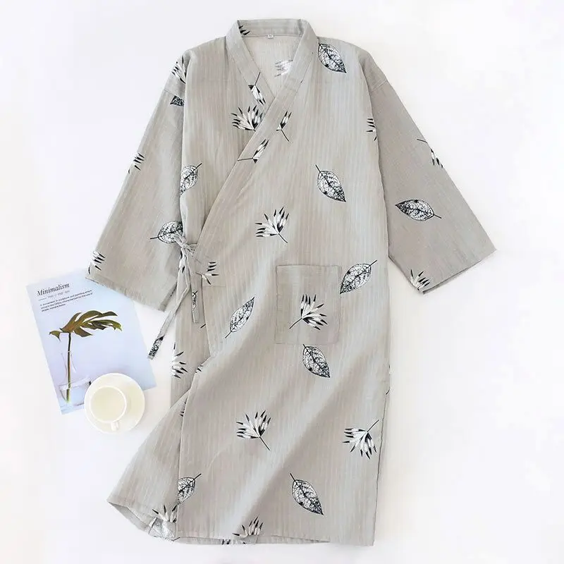 Мужской марлевый хлопковый тонкий летний халат, мужской банный халат-кимоно, дышащая мягкая свободная повседневная мужская одежда для сна, ночная рубашка с длинным рукавос - Цвет: Grey