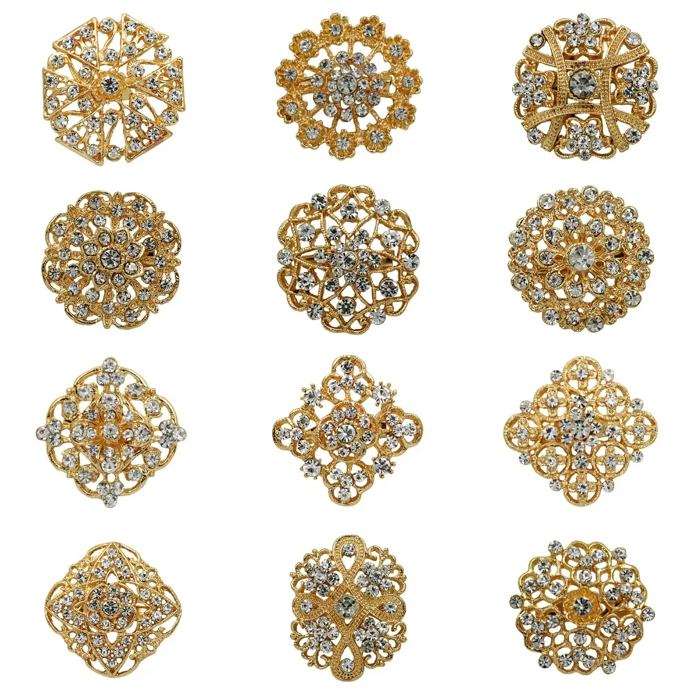 

12 Pcs / Pack Clear Crystal Rhinestones and Gold Color Plated Medium Size Brooch Pins for Women or DIY Wedding Bridal Bouquets