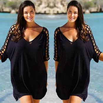 

Plus Size Women V-Neck Hollow Out Swimwear Beachwear Women Bikini Beach Wear Cover Up Kaftan Ladies Summer Black Beach Dresses