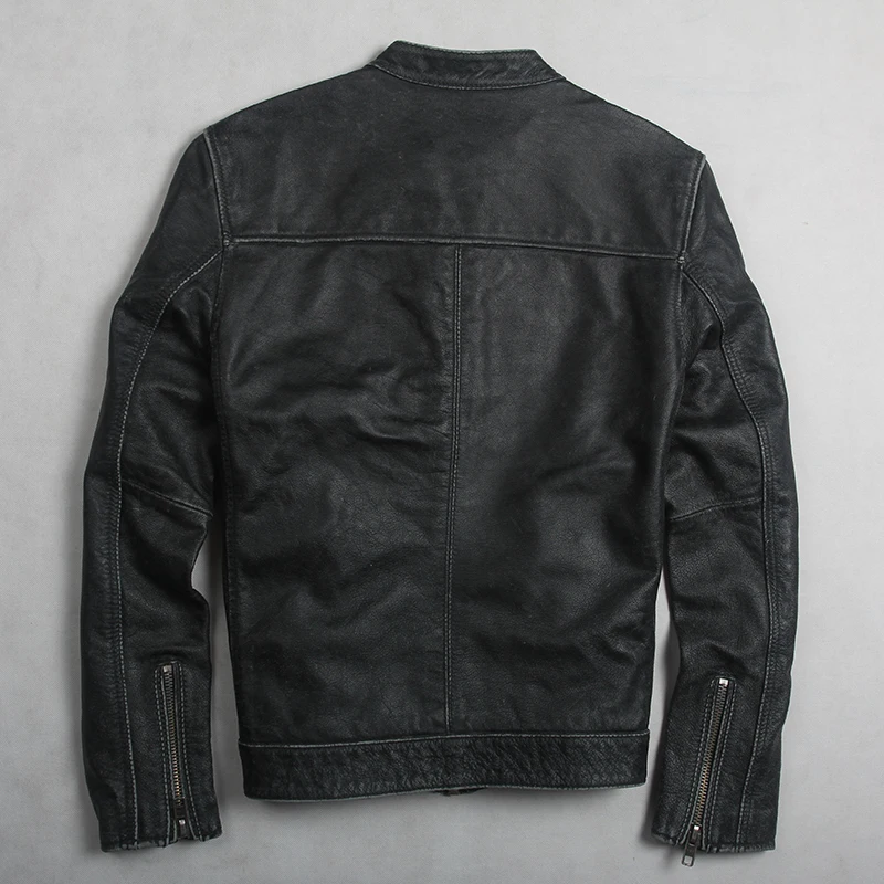 Мужская винтажная куртка из натуральной кожи, мотоциклетная куртка на молнии с воротником-стойкой, Мужская Черная байкерская куртка из воловьей кожи, размер plu