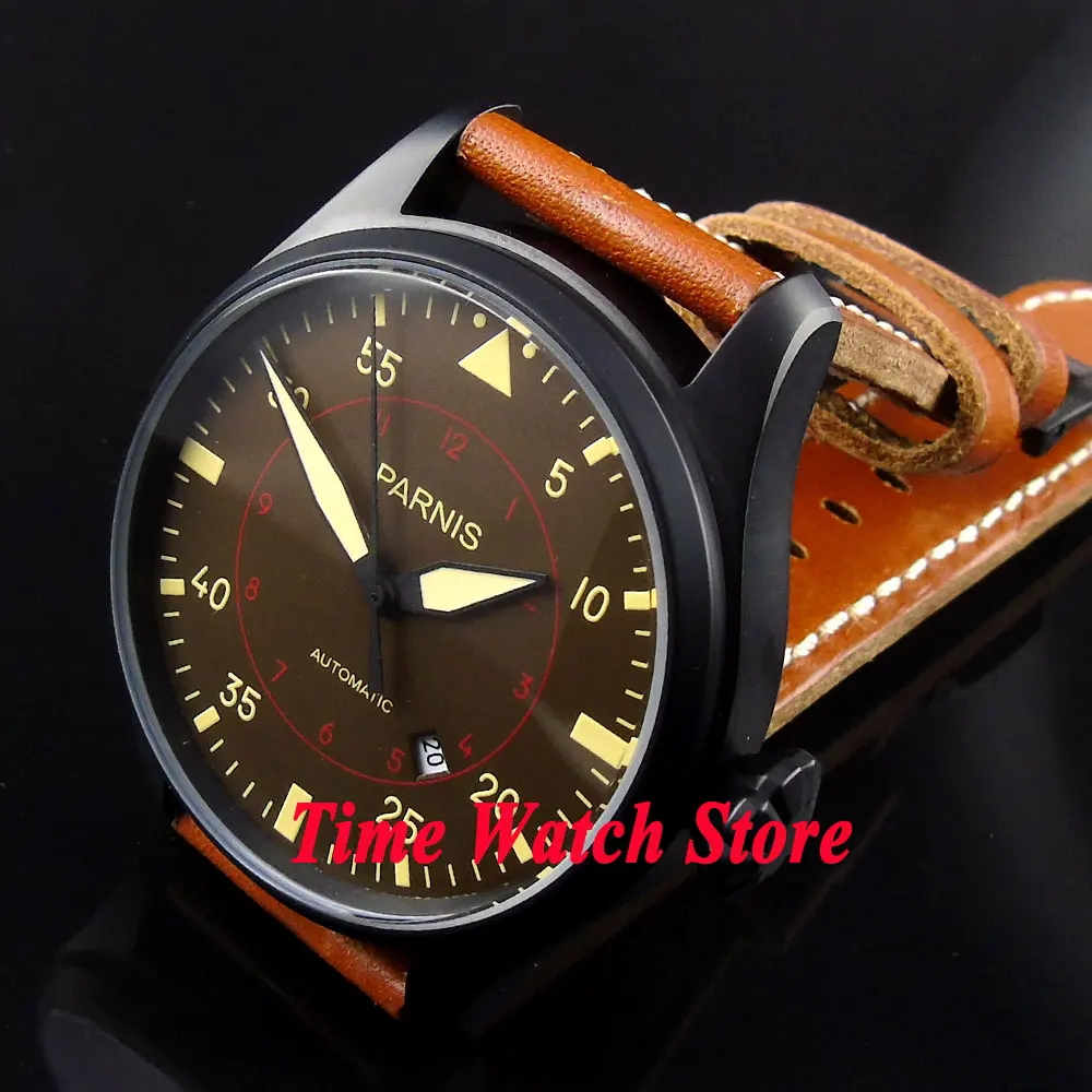 

47mm parnis coffee dial luminous PVD case brown leather strap MIYOTA automatic movement men's watch 367A