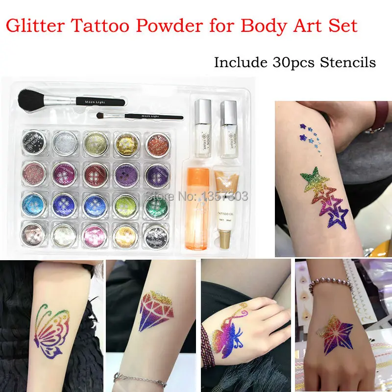 20 Color Glitter Tattoo Kit Body Painting Art With Powder/Brushes
