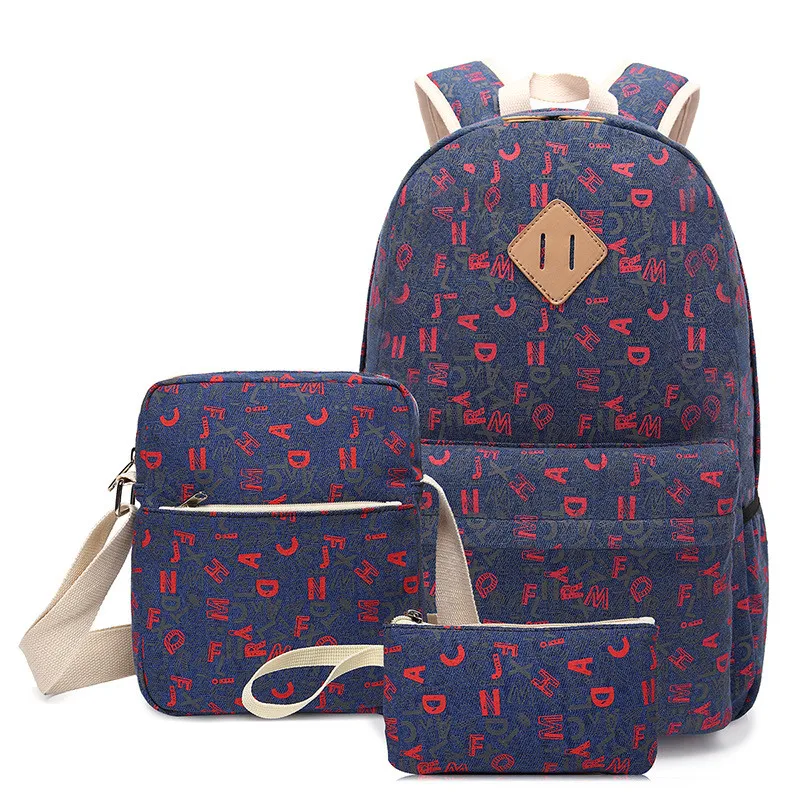 

3 PCS/Set Women Backpack Canvas Printing School Bags For Teenagers Girls Backpacks Cute Rucksack Schoolbag Lady Bookbags Female