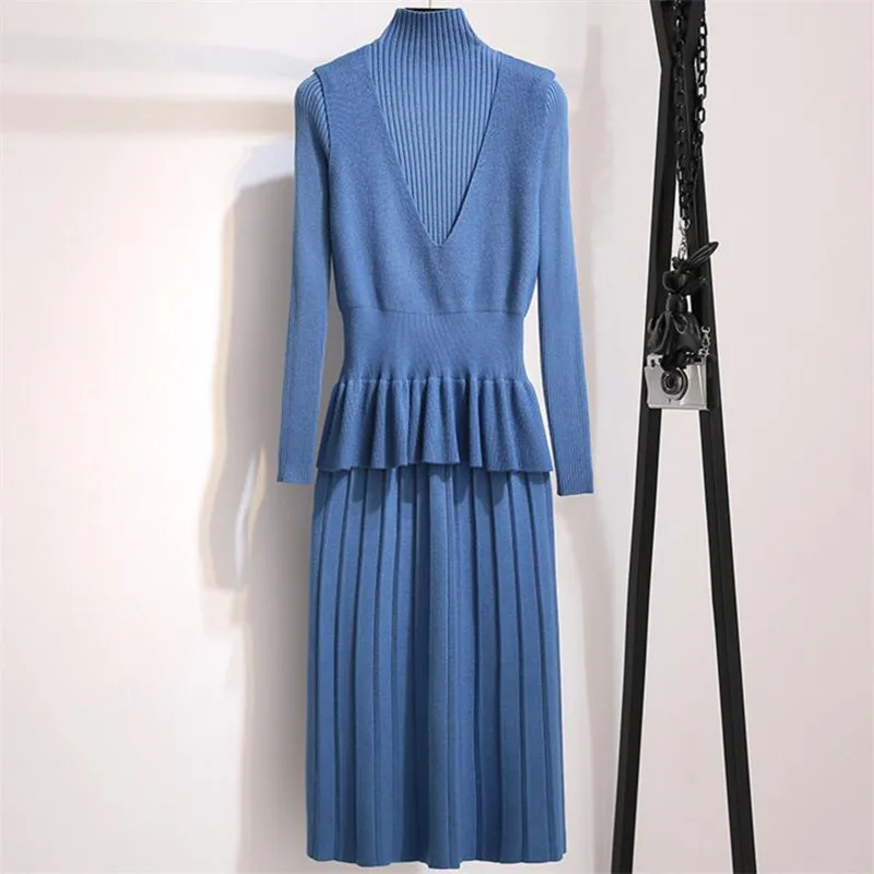 

Medium and long two-piece knit slim dress female 2019 spring new slim fashion suit base skirt 2 sets