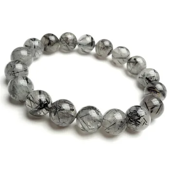

Black Genuine Natural Rutilated Quartz Bracelet 11.5mm Stretch Crystal Round Bead Bracelets For Women Men