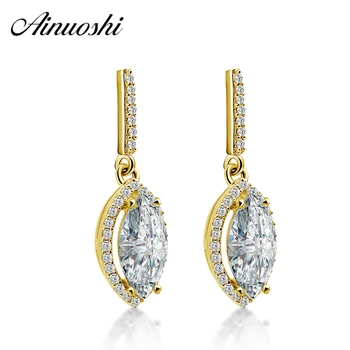 

AINUOSHI 14K Yellow Gold Drop Earrings 2 Carat Marquise Cut Gold Click Back Halo Earrings Fine Pierced Earring Jewelry for Women