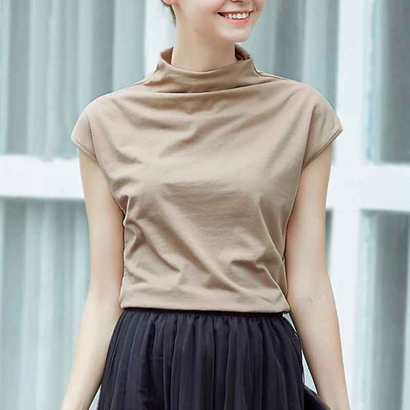 

Modal High Elasticity Turtleneck T-shirt for Women Soft Jumper Summer Pullovers 2018 Sleeveless Casual Slim Fit Tops