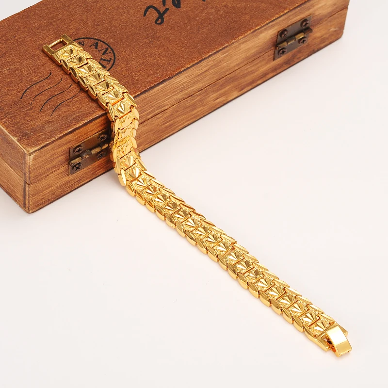 

New eternal classics Wide Bracelet 24 k Real Solid Yellow Gold FINISH Dubai Bangle Women Men's Trendy Hand Watchband Chain