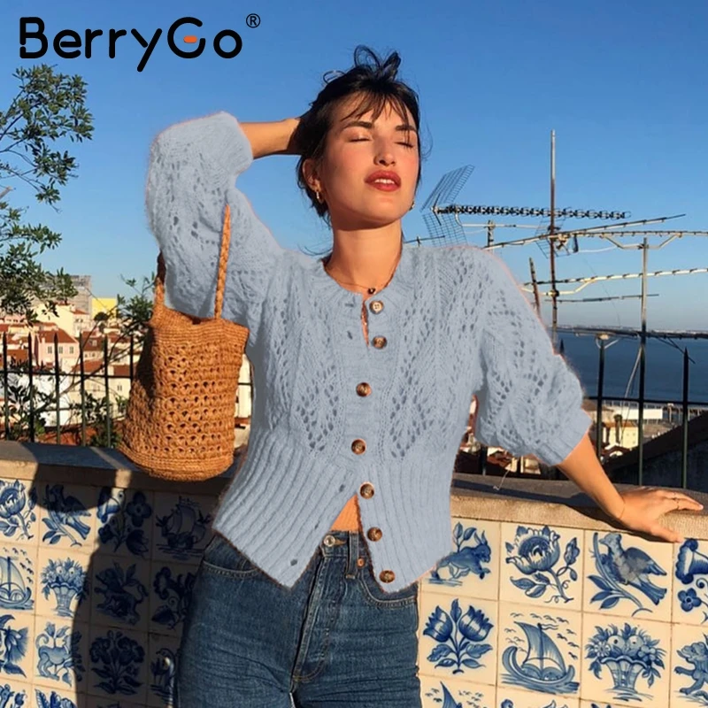

BerryGo Vintage hollow out cardigan women Long sleeve autumn winter pink sweater female High waist slim ladies knitted sweaters