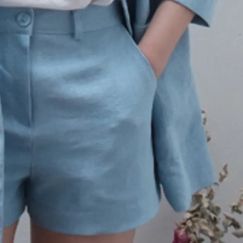 LANMREM Autumn New Casual Fashion Women Loose Solid Color Suit Collar Cardigan Jacket Shorts Suit TC807 - Цвет: Sky blue