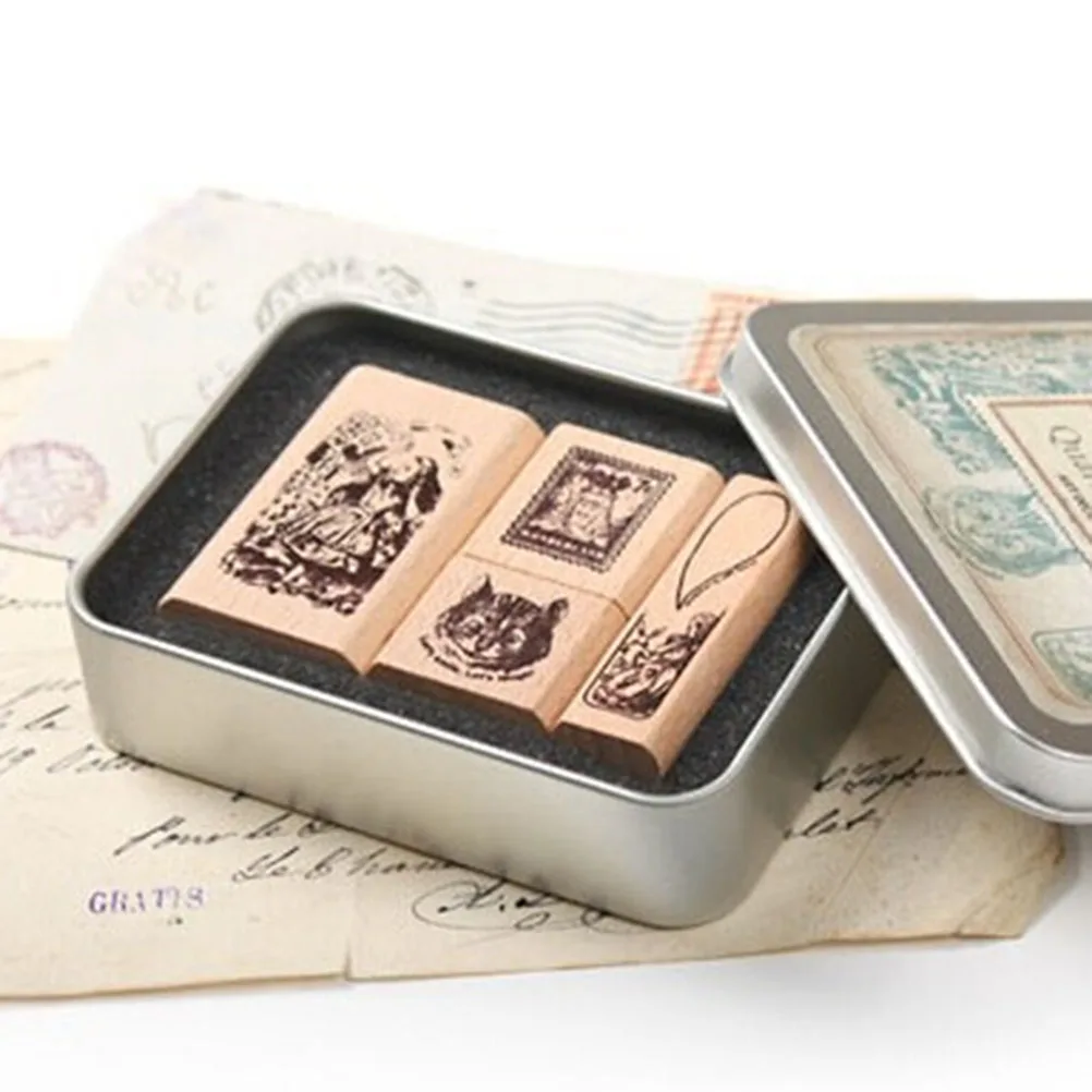 DIY Vintage Wooden Box Rubber Craft Ink Pad Alphabet Stamp  Scrapbooking Angel Stamps Set