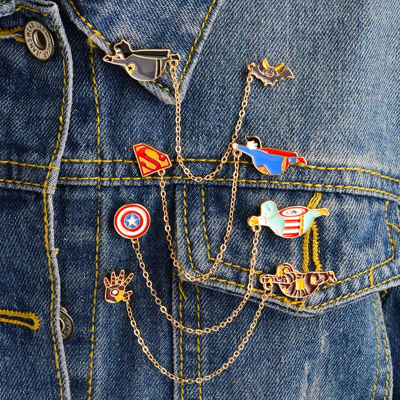 

Cartoon Captain America Super Bat Spider Iron man Brooch Pin with Chain Denim Jackets Pin Badge Jewelry Gift for Kids