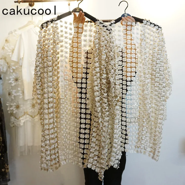 

Cakucool New Women Hollow Out Lace Florals Open stitich Summer Sunprotector Loose Pearl Bead Cute Sweet Long Outerwear Cardigans