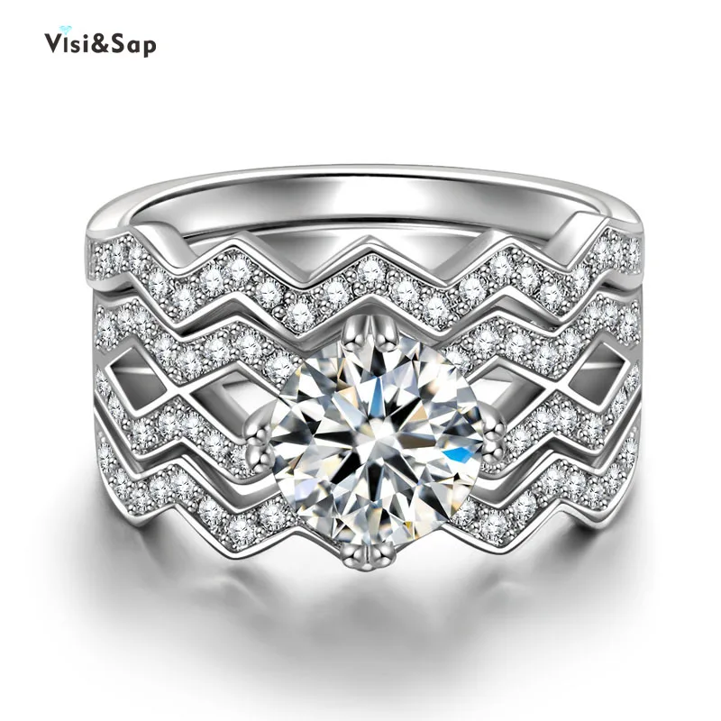

Visisap Luxury 3 In 1 Gear Shape Wedding Rings for Women Brilliant Zircon Ring Set Engagement Jewelry Wholesale Accessories B714