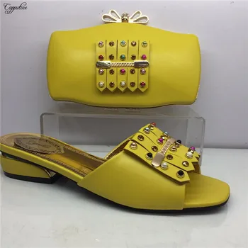 

New arrival yellow African slipper with purse latest shoes and evening handbag set for party GY20, heel height 4cm