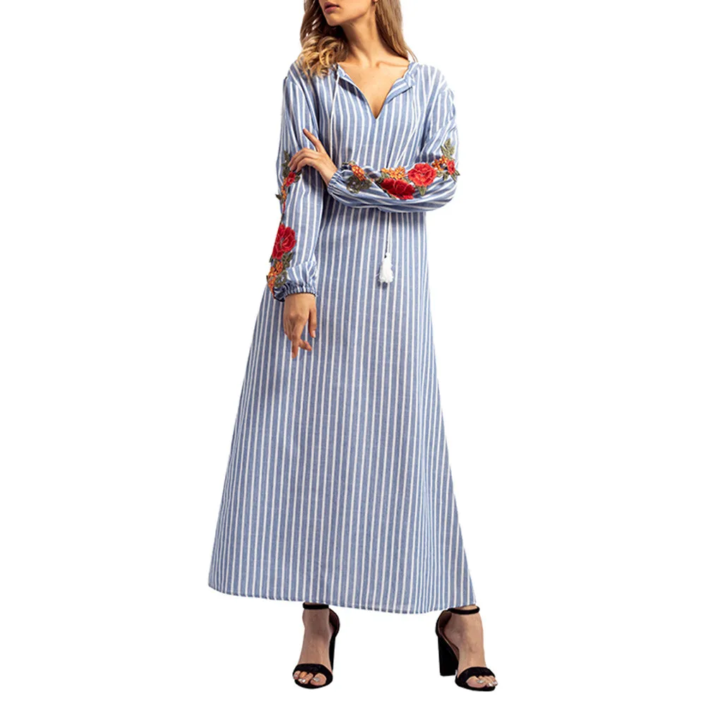 Embroidery Flower Dress Women Spring V-Neck Long Sleeve Casual Dresses Party Ladies Simple Striped Printed Maxi Long Dress #LH Embroidery Flower Dress Women Spring V-Neck Long Sleeve Casual Dresses Party Ladies Simple Striped Printed Maxi Long Dress #LH