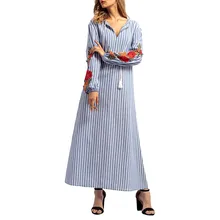 Embroidery Flower Dress Women Spring V-Neck Long Sleeve Casual Dresses Party Ladies Simple Striped Printed Maxi Long Dress #LH Embroidery Flower Dress Women Spring V-Neck Long Sleeve Casual Dresses Party Ladies Simple Striped Printed Maxi Long Dress #LH