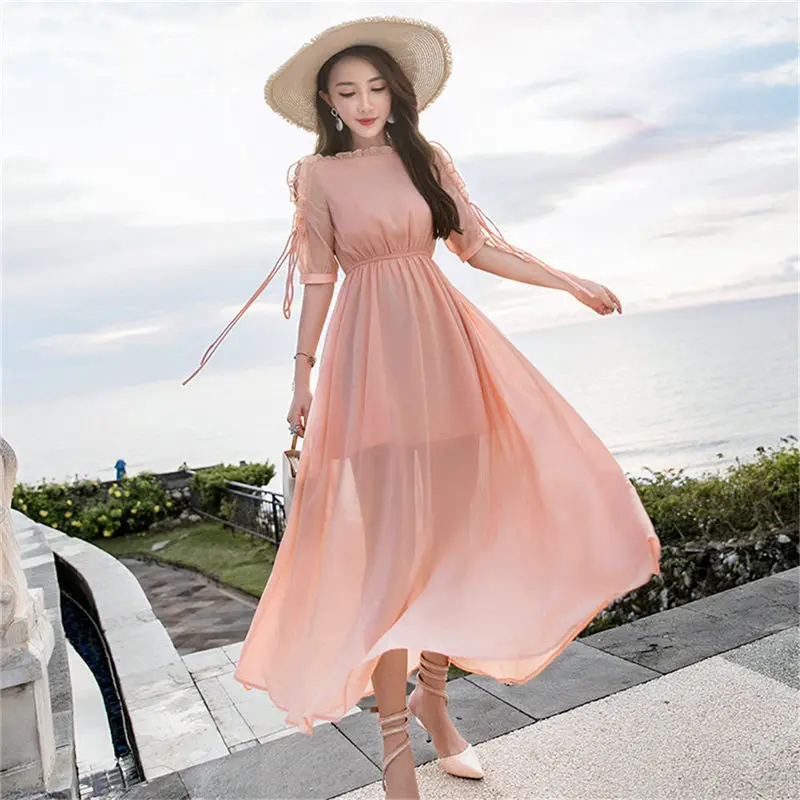 Новые модные Boho однотонные красные шифоновое пляжное платье Для женщин 2019 Лето